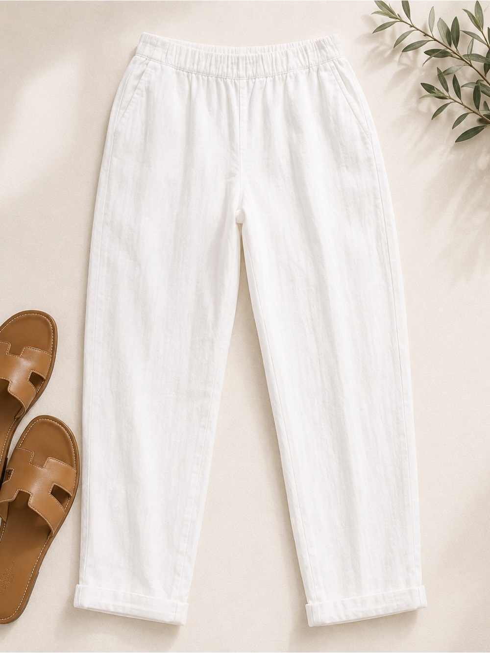 ROSSO35 White Linen Pants Women’s IT 44 Made in Italy Pull On